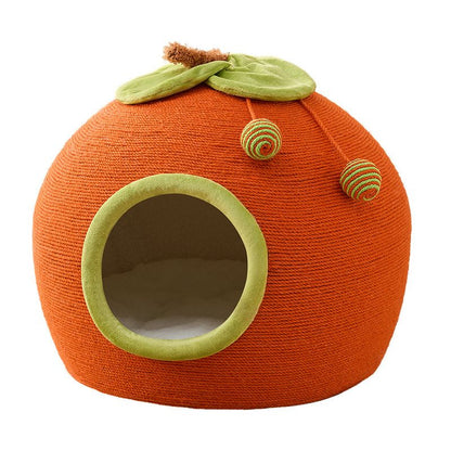 Katzen Kratzbrett, Kratzbaum mit Katzenbett, Niedliches Design in Form einer Persimone, Großes Platzangebot, 42 x 42 x 42cm