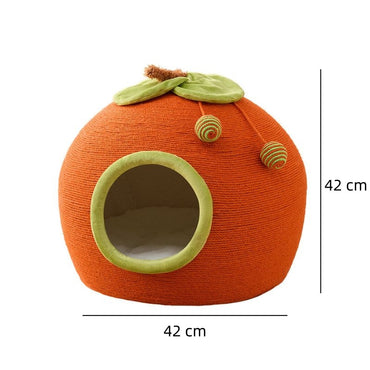 Katzen Kratzbrett, Kratzbaum mit Katzenbett, Niedliches Design in Form einer Persimone, Großes Platzangebot, 42 x 42 x 42cm