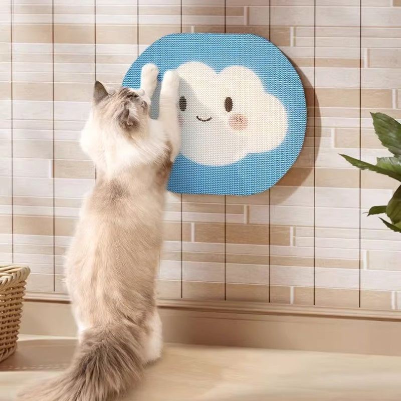 Kratzbrett Katze, Kratzboard aus Wellpappe, Wolken-Design, Blau-Weiß, Für Boden oder Wandmontage