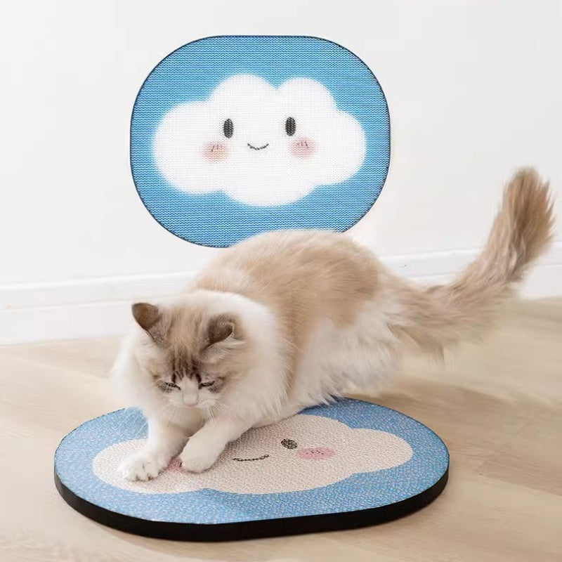Kratzbrett Katze, Kratzboard aus Wellpappe, Wolken-Design, Blau-Weiß, Für Boden oder Wandmontage