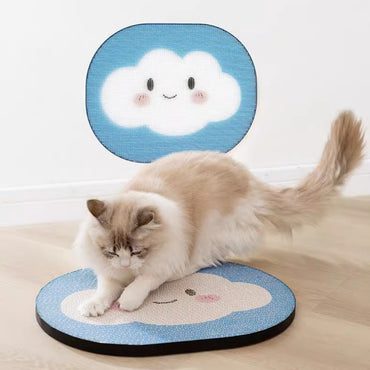 Kratzbrett Katze, Kratzboard aus Wellpappe, Wolken-Design, Blau-Weiß, Für Boden oder Wandmontage