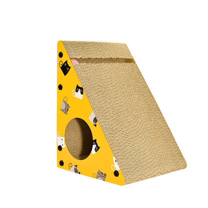 Kratzpappe Katze, Dreieckige Katzenkratzscheibe mit Loch, Spielzeug für Katzen mit Klingelball, Gelb