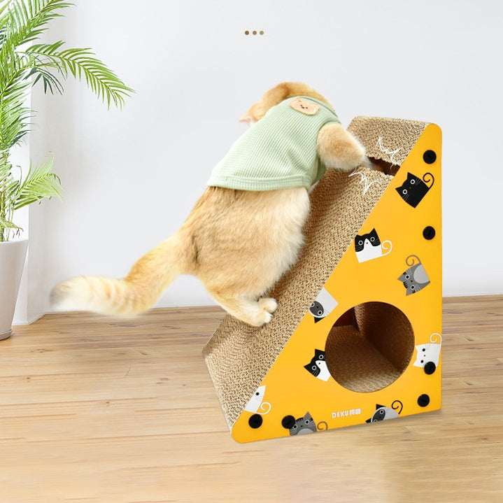 Kratzpappe Katze, Dreieckige Katzenkratzscheibe mit Loch, Spielzeug für Katzen mit Klingelball, Gelb