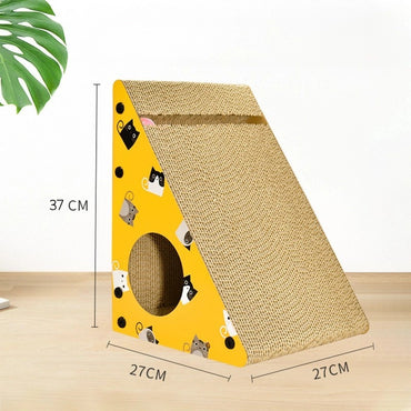 Kratzpappe Katze, Dreieckige Katzenkratzscheibe mit Loch, Spielzeug für Katzen mit Klingelball, Gelb