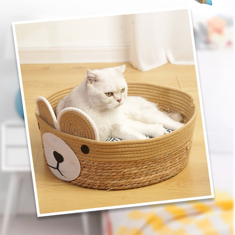 Katzenbett Rattan, Süßer Bär Handgefertigtes, Hochwertiges, Zwei-Ohr-Design, Katzenbett aus Rattan für drinnen und draußen