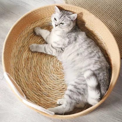 Katzenbett Rattan, Süßer Bär Handgefertigtes, Hochwertiges, Zwei-Ohr-Design, Katzenbett aus Rattan für drinnen und draußen