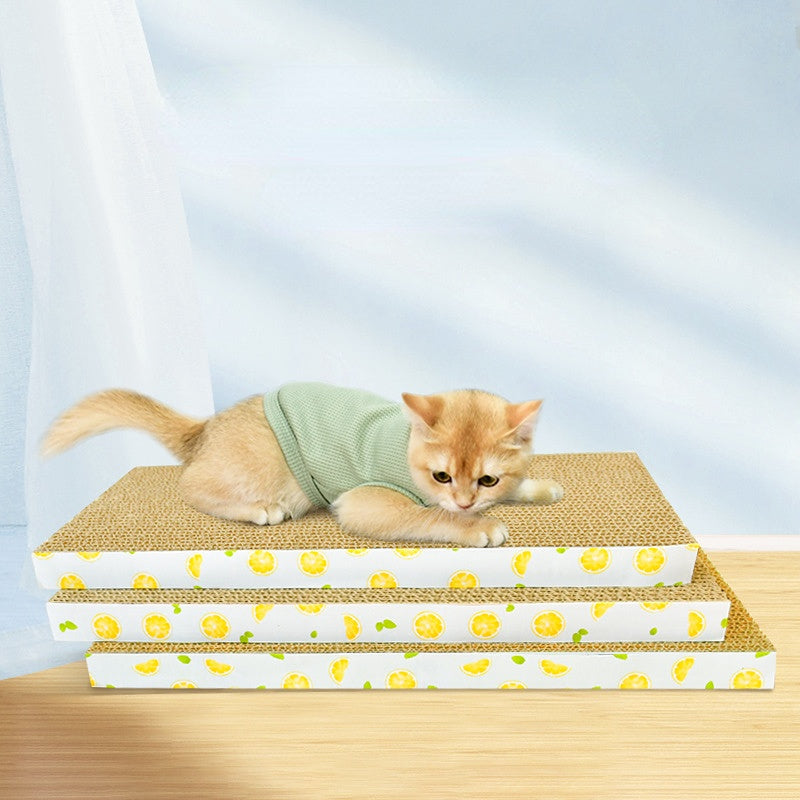 Kratzpappe für Katzen, Wellenförmige Kratzfläche für glückliche Katzen, Set mit 3 Stück, aus Wellpappe mit Zitronen-Muster