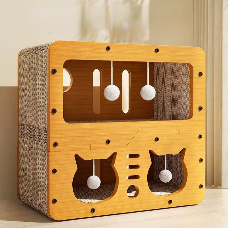 Kratzpappe für Katzen, Praktische Katzen-Spielstation mit Aktivitätsraum, Holz Katzenhaus und Spielball, Katzen bis 15kg