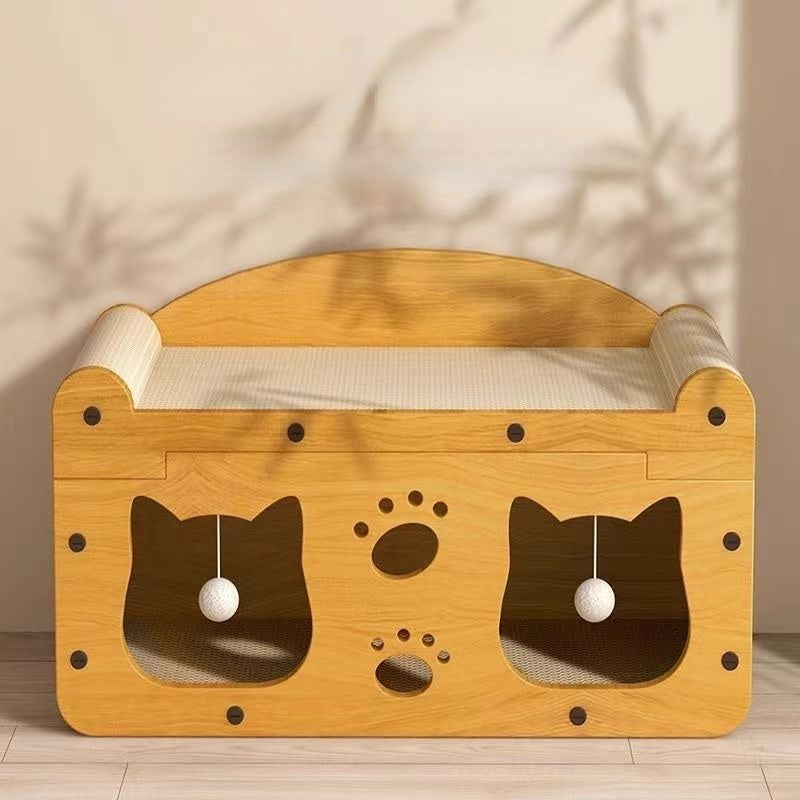 Kratzpappe für Katzen, Praktische Katzen-Spielstation mit Aktivitätsraum, Holz Katzenhaus und Spielball, Katzen bis 15kg