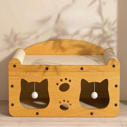 Kratzpappe für Katzen, Praktische Katzen-Spielstation mit Aktivitätsraum, Holz Katzenhaus und Spielball, Katzen bis 15kg