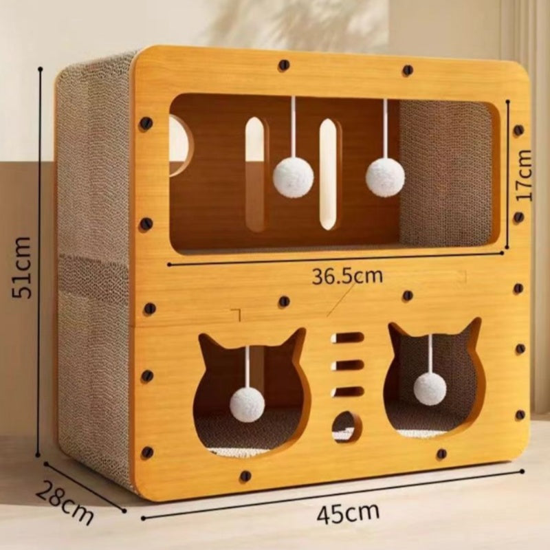 Kratzpappe für Katzen, Praktische Katzen-Spielstation mit Aktivitätsraum, Holz Katzenhaus und Spielball, Katzen bis 15kg