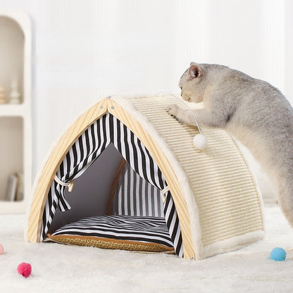 Katze Kratzbrett, Katzenbett in einem, Sisalmaterial, Katzenliege mit Zelt-Design, Ideal für Ruhe und Spiel, Sommerartefakt