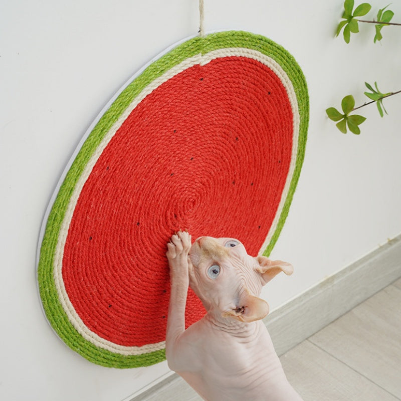 Kratzmatte, Runde Katzen-Kratzmatte im Wassermelonen-Design, Ø 37 cm, Rot-Grün, Für Krallenpflege und Spielspaß