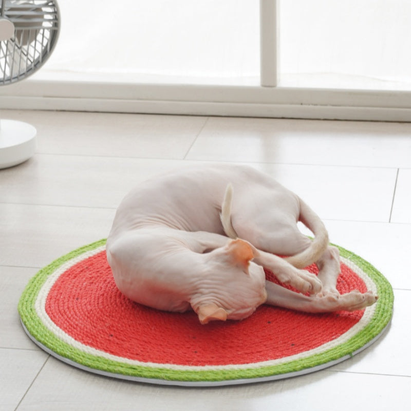 Kratzmatte, Runde Katzen-Kratzmatte im Wassermelonen-Design, Ø 37 cm, Rot-Grün, Für Krallenpflege und Spielspaß