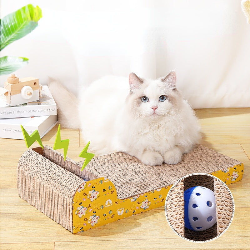 Kratzbrett Katze, Wellpappe Kratzmöbel mit Glocke für kratzfreudige Katzen, Zufälliges zweiseitiges Muster, 45x23x4 cm