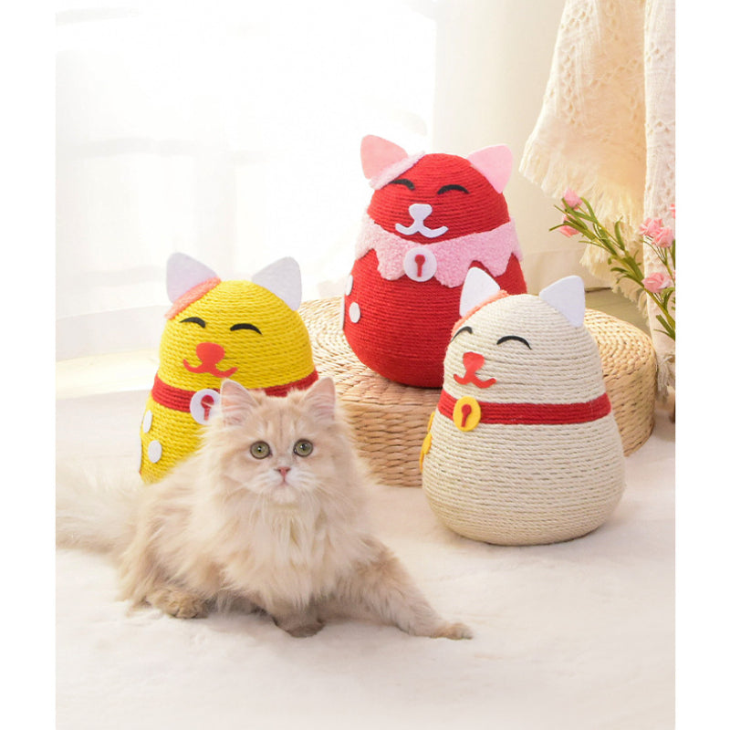 Kratzbrett Katze, Cartoon-Katze Sisal Kratzspielzeug für Katzen, Schütz Möbel & Katzenkrallen, Gelb, Rot und Weiß, 19x19x26 cm