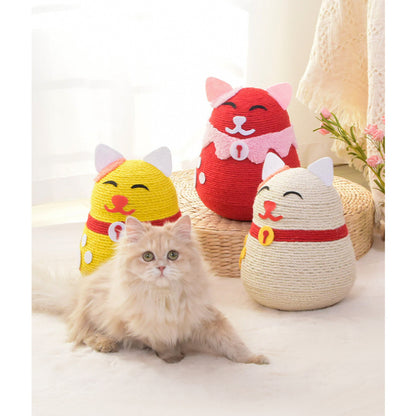 Kratzbrett Katze, Cartoon-Katze Sisal Kratzspielzeug für Katzen, Schütz Möbel & Katzenkrallen, Gelb, Rot und Weiß, 19x19x26 cm