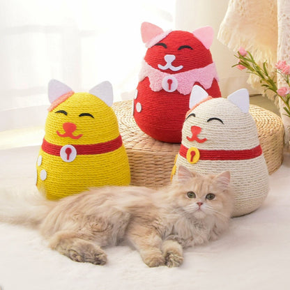 Kratzbrett Katze, Cartoon-Katze Sisal Kratzspielzeug für Katzen, Schütz Möbel & Katzenkrallen, Gelb, Rot und Weiß, 19x19x26 cm