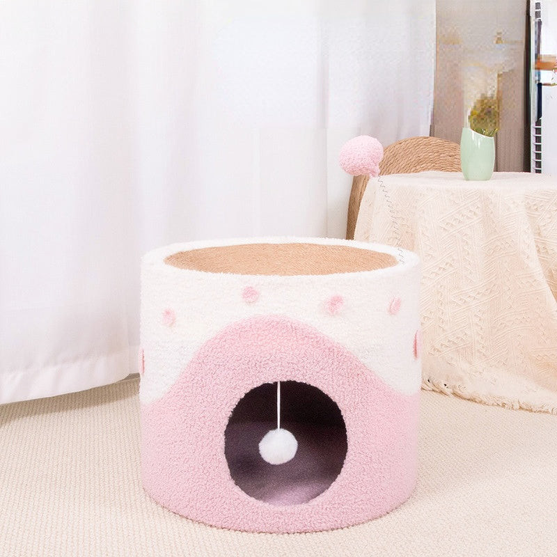 Kratztonne, Sisal Kratzbrett & Katzenhöhle mit Frühlings-Katzenangel und Fellball, Grün, Gelb und Pink, Katzen bis 12,5 kg