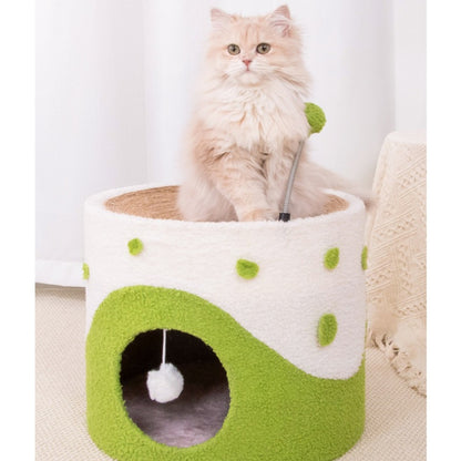 Kratztonne, Sisal Kratzbrett & Katzenhöhle mit Frühlings-Katzenangel und Fellball, Grün, Gelb und Pink, Katzen bis 12,5 kg