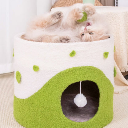 Kratztonne, Sisal Kratzbrett & Katzenhöhle mit Frühlings-Katzenangel und Fellball, Grün, Gelb und Pink, Katzen bis 12,5 kg