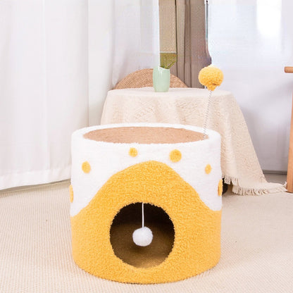 Kratztonne, Sisal Kratzbrett & Katzenhöhle mit Frühlings-Katzenangel und Fellball, Grün, Gelb und Pink, Katzen bis 12,5 kg