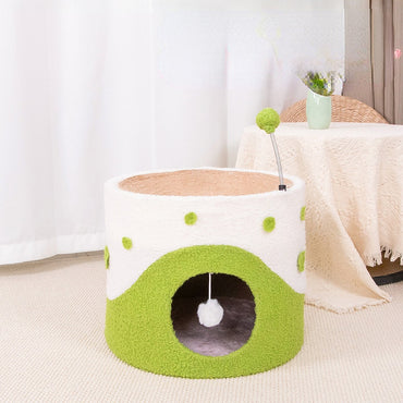 Kratztonne, Sisal Kratzbrett & Katzenhöhle mit Frühlings-Katzenangel und Fellball, Grün, Gelb und Pink, Katzen bis 12,5 kg