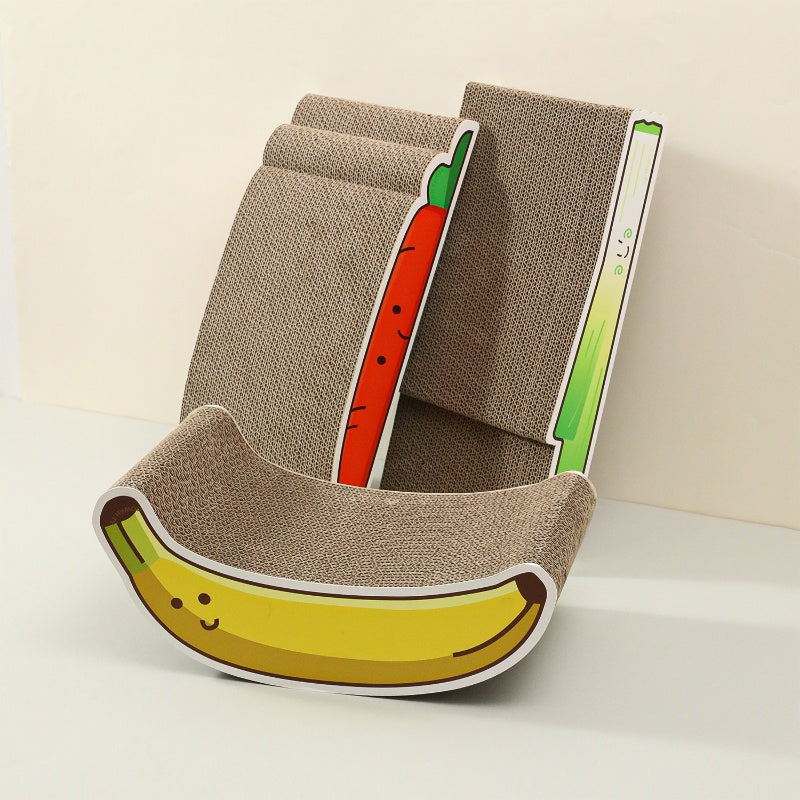 Kratzbrett Katze, Wellpappe-Kratzbrett für Katzen mit Karotten-, Bananen- & Lauchmotiven, für verspielte und schlafen