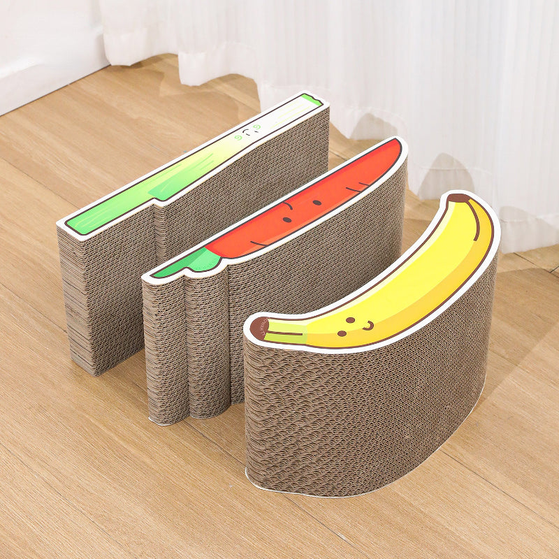 Kratzbrett Katze, Wellpappe-Kratzbrett für Katzen mit Karotten-, Bananen- & Lauchmotiven, für verspielte und schlafen