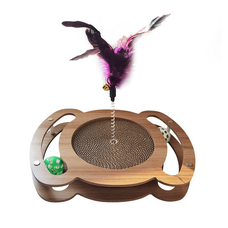 Kratzbrett für Katzen, Holz Katzenkratzbrett mit Wellenpapier, Spielzeugball & Katzenangel, Langlebig, Vielseitig Entspannen