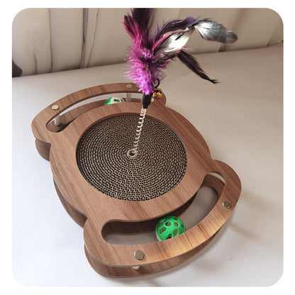 Kratzbrett für Katzen, Holz Katzenkratzbrett mit Wellenpapier, Spielzeugball & Katzenangel, Langlebig, Vielseitig Entspannen