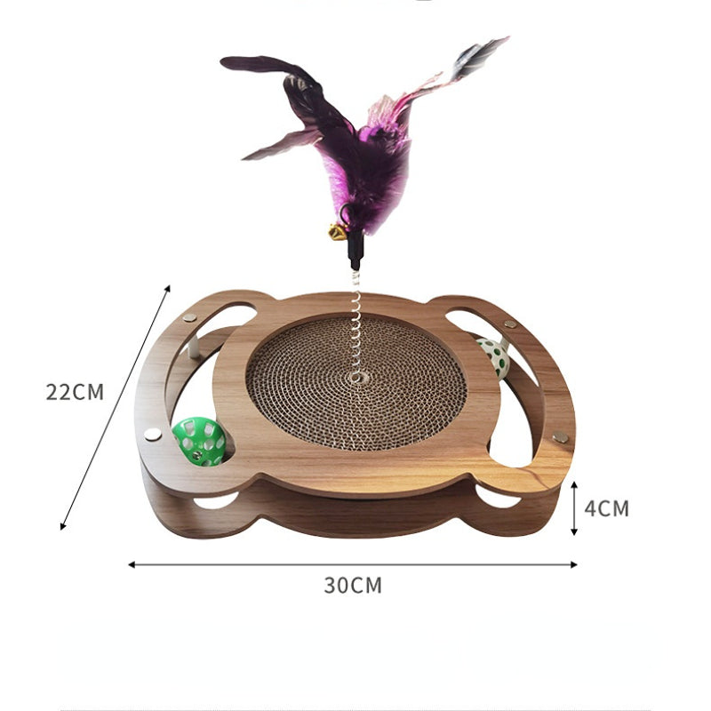 Kratzbrett für Katzen, Holz Katzenkratzbrett mit Wellenpapier, Spielzeugball & Katzenangel, Langlebig, Vielseitig Entspannen