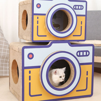 Katzenhöhle, Vintage Kamera Kratzbrett, Stehender Karton Katzenbett, Wellenpapier ohne Fussel, Erhältlich in Mittel und Groß
