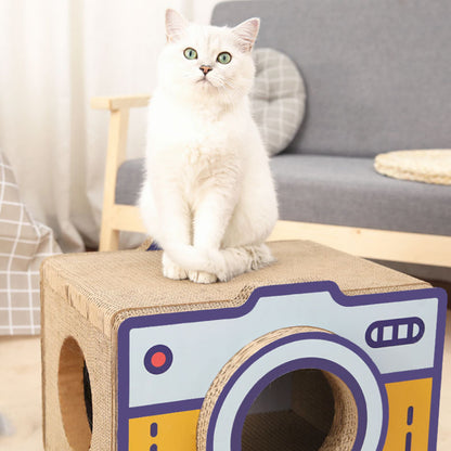 Katzenhöhle, Vintage Kamera Kratzbrett, Stehender Karton Katzenbett, Wellenpapier ohne Fussel, Erhältlich in Mittel und Groß