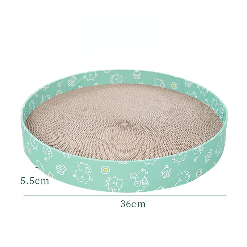 Katzenbett, Wellpappe Kratzbrett, Grüner Cartoon-Muster Rundform, 36 cm Durchmesser, Kratz- & Ruheplatz für Katzen unter 4 kg