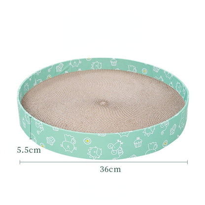Katzenbett, Wellpappe Kratzbrett, Grüner Cartoon-Muster Rundform, 36 cm Durchmesser, Kratz- & Ruheplatz für Katzen unter 4 kg