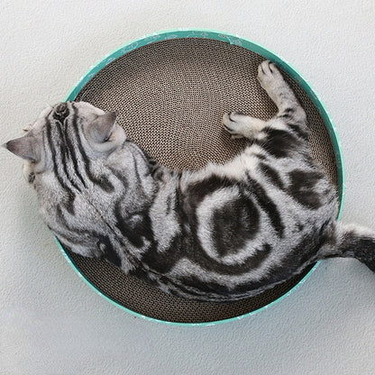 Katzenbett, Wellpappe Kratzbrett, Grüner Cartoon-Muster Rundform, 36 cm Durchmesser, Kratz- & Ruheplatz für Katzen unter 4 kg