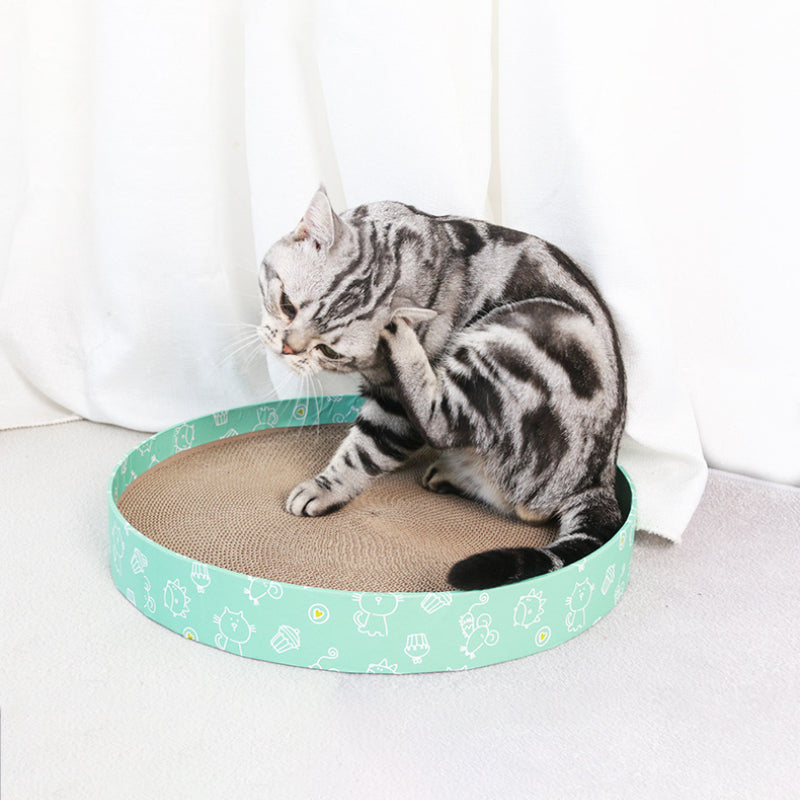 Katzenbett, Wellpappe Kratzbrett, Grüner Cartoon-Muster Rundform, 36 cm Durchmesser, Kratz- & Ruheplatz für Katzen unter 4 kg