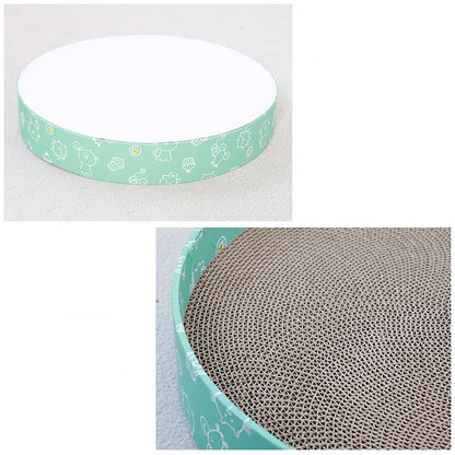 Katzenbett, Wellpappe Kratzbrett, Grüner Cartoon-Muster Rundform, 36 cm Durchmesser, Kratz- & Ruheplatz für Katzen unter 4 kg