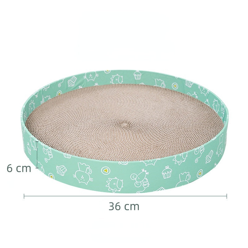 Katzenbett, Wellpappe Kratzbrett, Grüner Cartoon-Muster Rundform, 36 cm Durchmesser, Kratz- & Ruheplatz für Katzen unter 4 kg