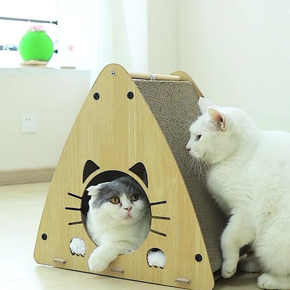 Katzenhöhle, Holz Dreieckige Katzenbett mit Wellpappe Kratzbrett & Katzenball, zum Kratzen und Unterhaltung, 45x28x45 cm