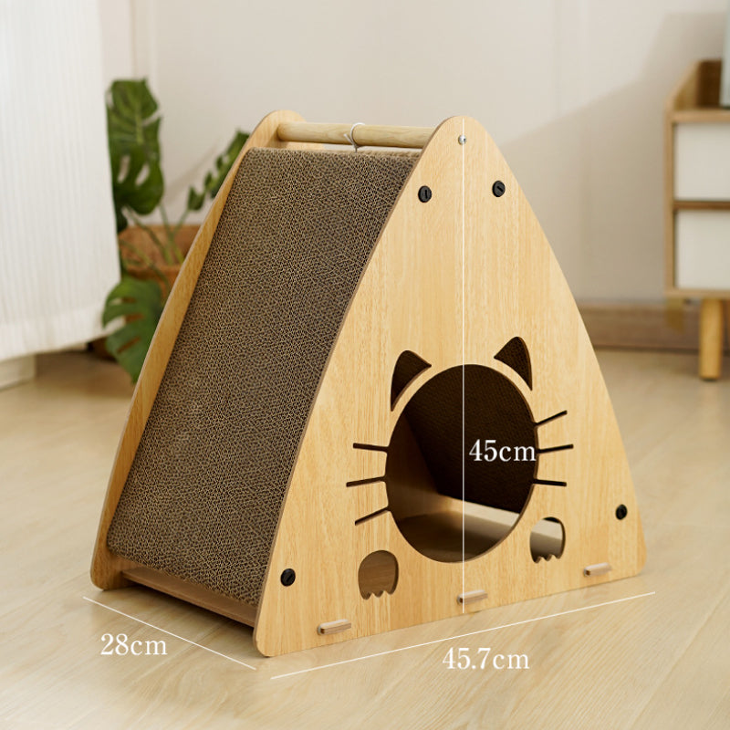 Katzenhöhle, Holz Dreieckige Katzenbett mit Wellpappe Kratzbrett & Katzenball, zum Kratzen und Unterhaltung, 45x28x45 cm
