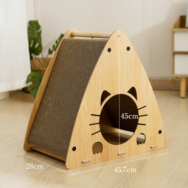 Katzenhöhle, Holz Dreieckige Katzenbett mit Wellpappe Kratzbrett & Katzenball, zum Kratzen und Unterhaltung, 45x28x45 cm