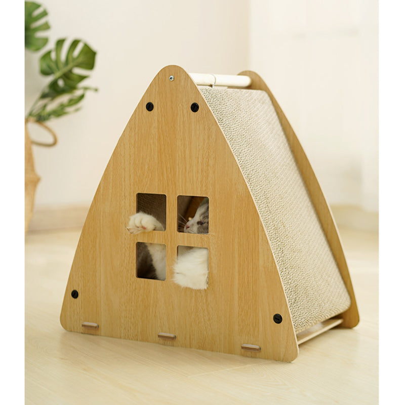 Katzenhöhle, Holz Dreieckige Katzenbett mit Wellpappe Kratzbrett & Katzenball, zum Kratzen und Unterhaltung, 45x28x45 cm