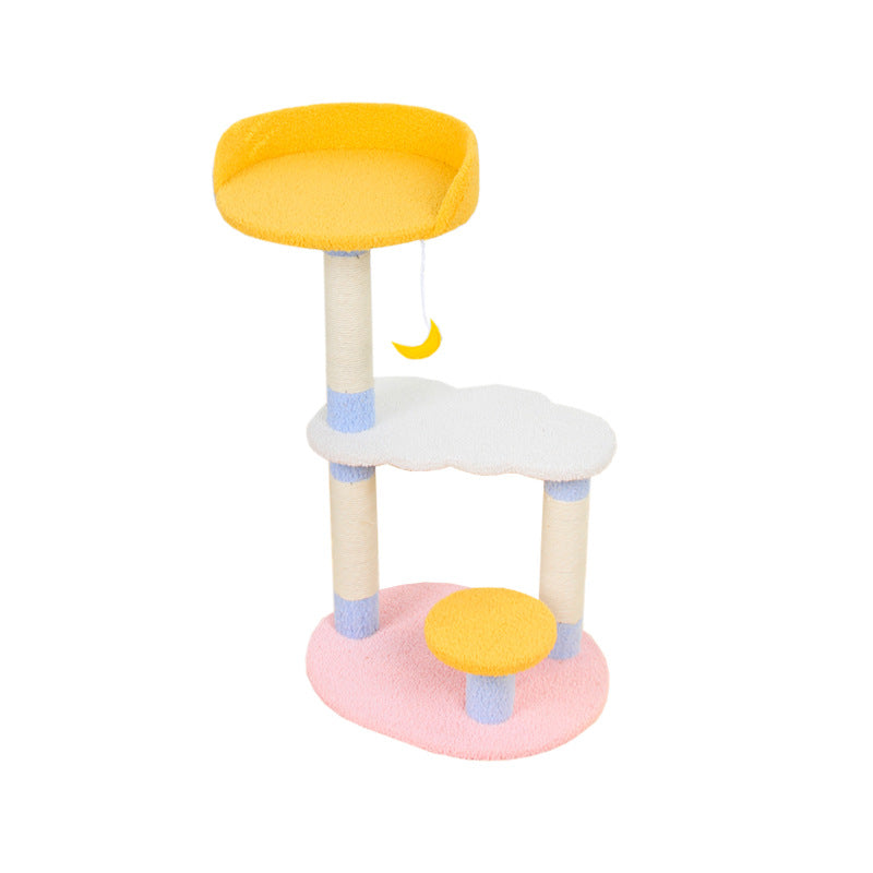 Kratzbaum für Katzen, 2 Ebenen, mit Stern & Mond Design, Sisal-Kratzsäule, Traumhaft in Rosa, Blau & Gelb, Plattform zum Ausruhen