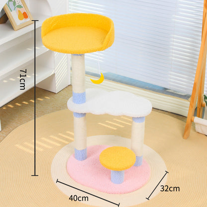 Kratzbaum für Katzen, 2 Ebenen, mit Stern & Mond Design, Sisal-Kratzsäule, Traumhaft in Rosa, Blau & Gelb, Plattform zum Ausruhen