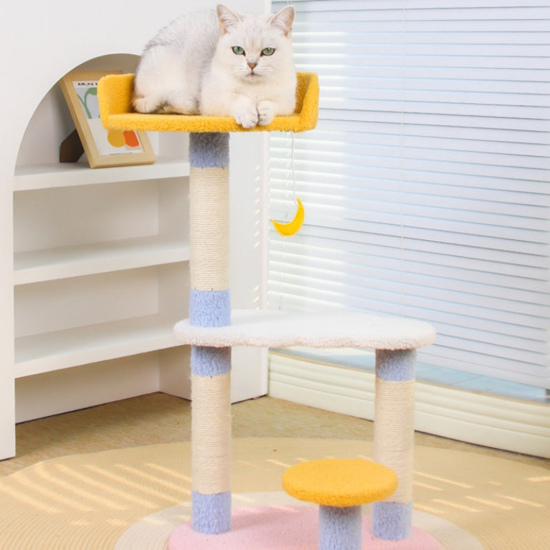 Kratzbaum für Katzen, 2 Ebenen, mit Stern & Mond Design, Sisal-Kratzsäule, Traumhaft in Rosa, Blau & Gelb, Plattform zum Ausruhen