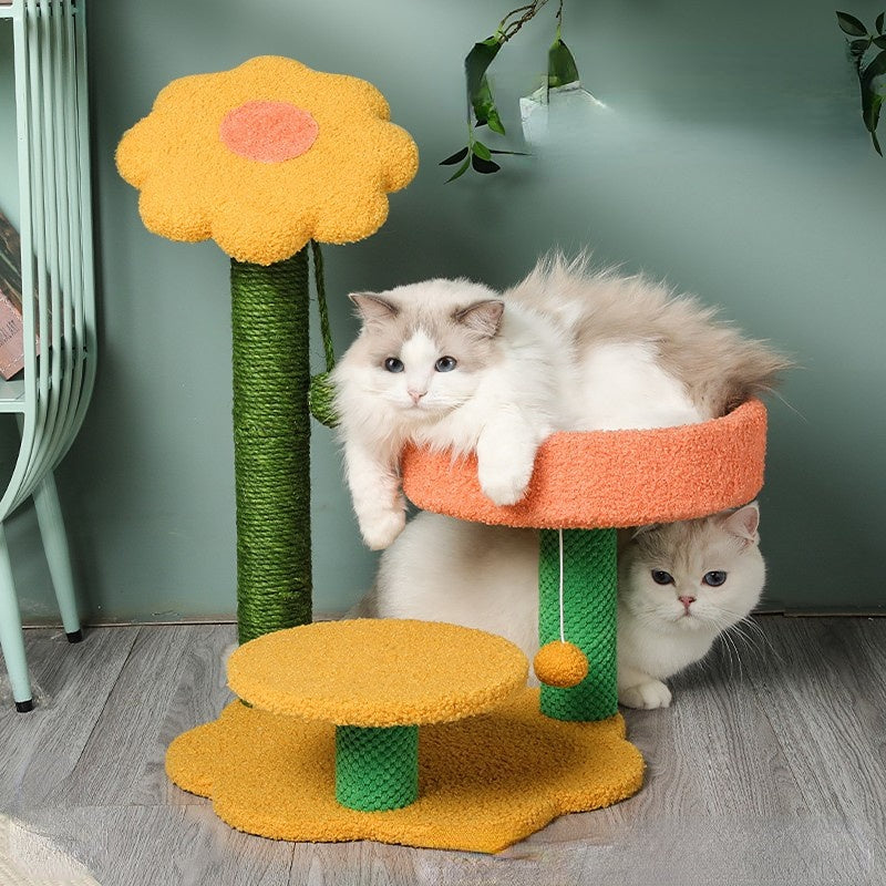 Kratzbaum für Katzen, Katzenbett mit Sonnenblumen-Design, Katzenkratzbaum mit Kletter- & Ruhebereich, Zwei Stile