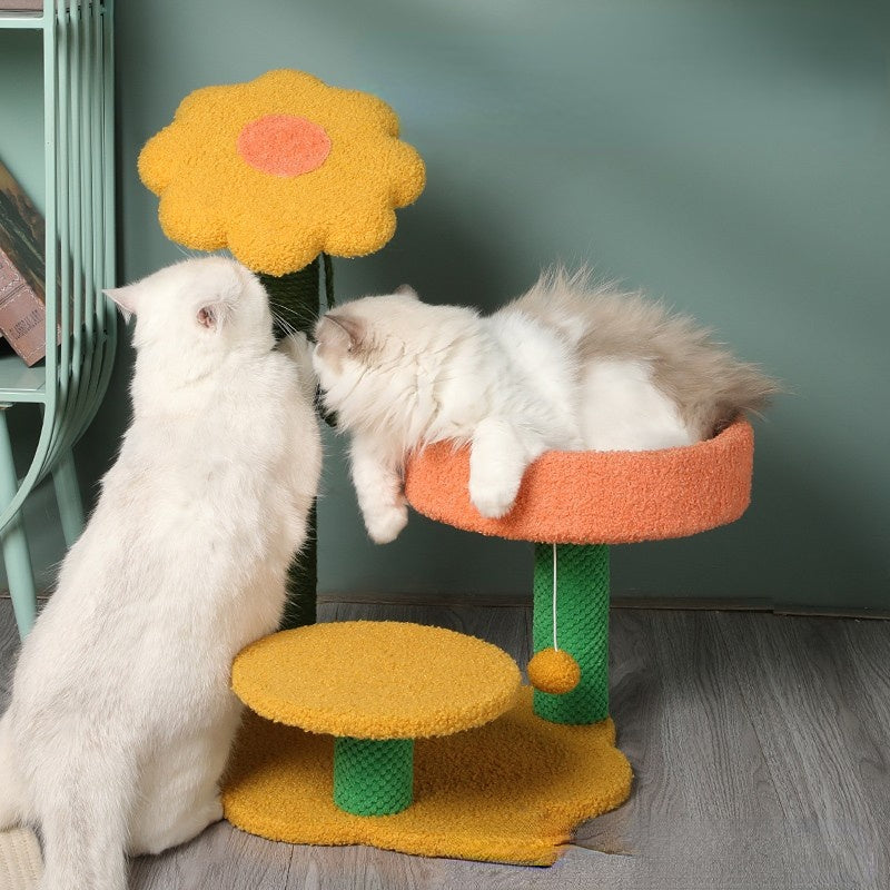 Kratzbaum für Katzen, Katzenbett mit Sonnenblumen-Design, Katzenkratzbaum mit Kletter- & Ruhebereich, Zwei Stile