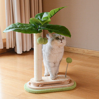 Holz Kratzbaum für Katzen, Kokosnussbaumform Kratzbaum mit Sisal-Säulen, Interaktives mit Drehbasis & Katzenangel